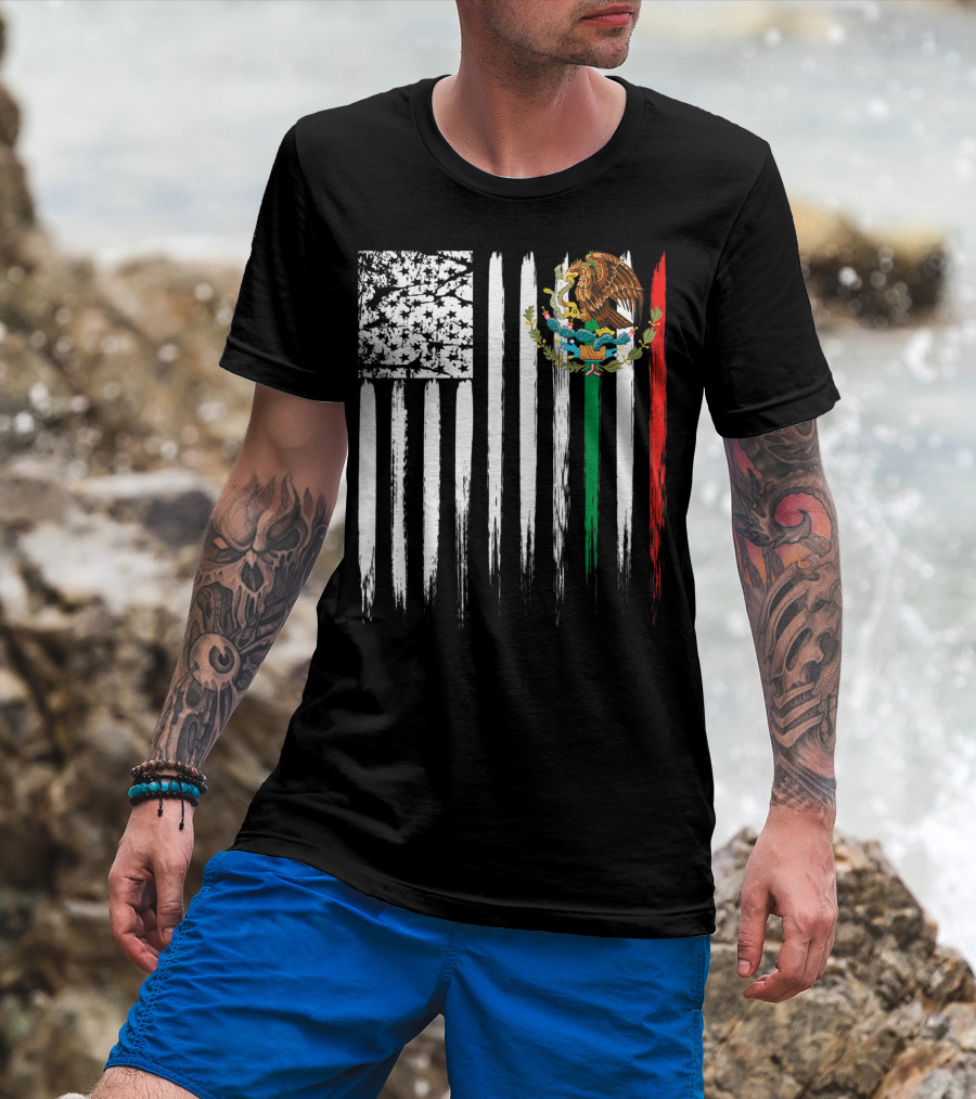 Mexican American Flag With Eagle And Serpent Symbol On Distressed Stripes T-Shirt