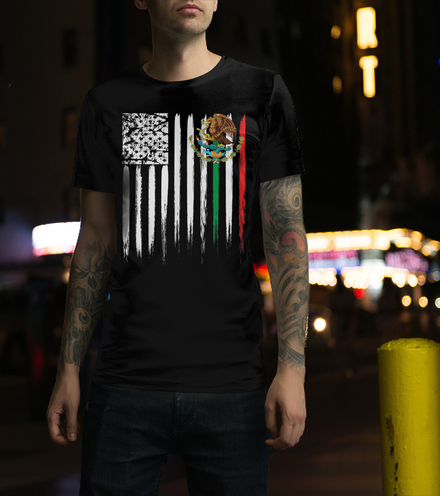 Mexican American Flag With Eagle And Serpent Symbol On Distressed Stripes T-Shirt