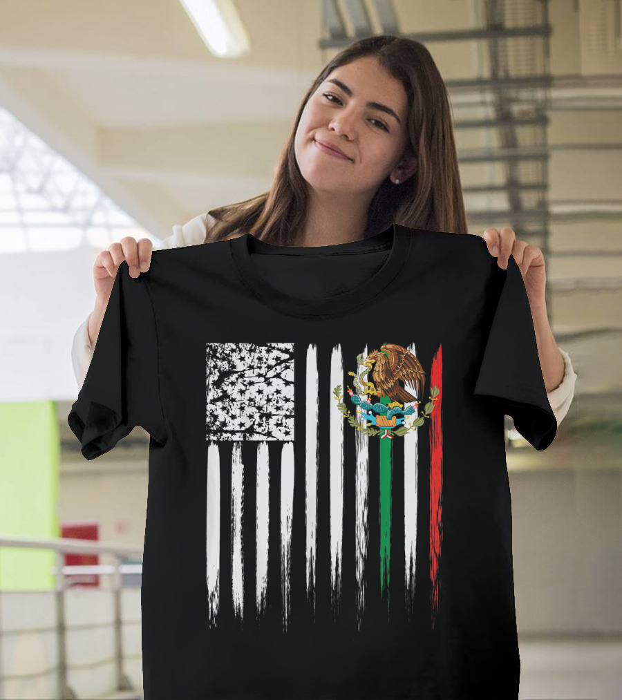 Mexican American Flag With Eagle And Serpent Symbol On Distressed Stripes T-Shirt