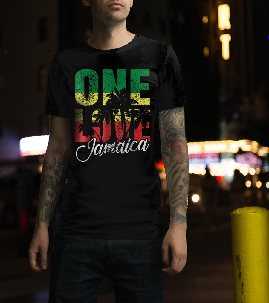 One Love Jamaica Caribbean Vacation Reggae Colors Palm Trees T-Shirt
