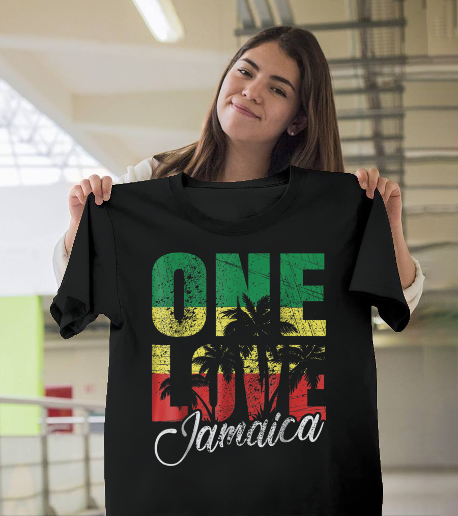 One Love Jamaica Caribbean Vacation Reggae Colors Palm Trees T-Shirt