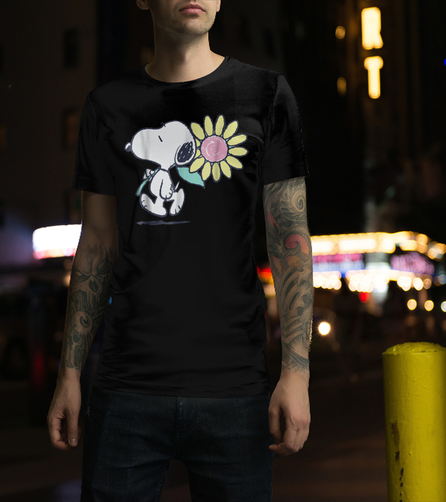 Peanuts Snoopy Walking With Pink Daisy Flower T-Shirt
