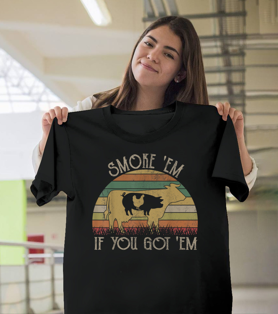 Retro Smoke 'Em If You Got 'Em BBQ Grilling Cow Chicken Smoky Sunset Stripes T-Shirt