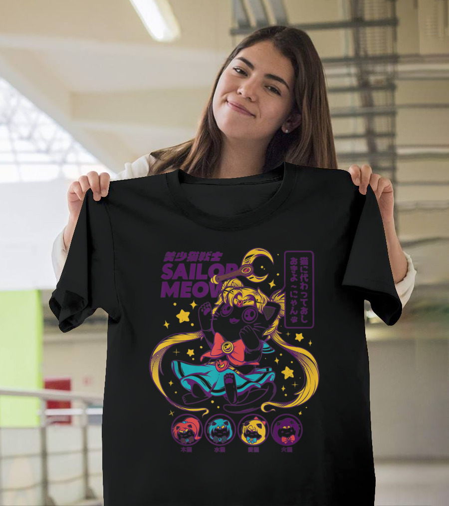 Sailor Meow Moon Anime Cat With Stars And Symbols T-Shirt