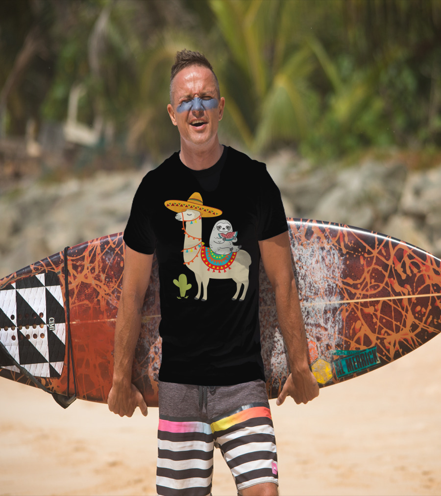 Cinco De Mayo Sloth Riding Llama Fiesta With Sombrero And Cactus T-Shirt