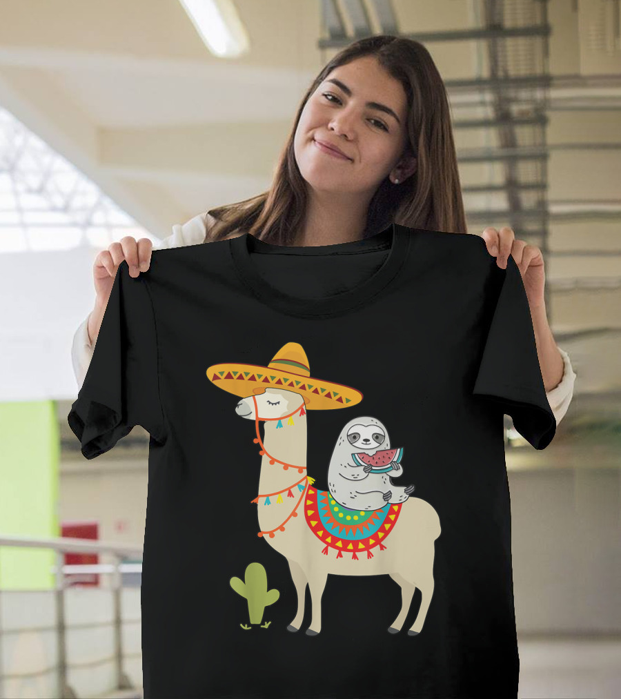 Cinco De Mayo Sloth Riding Llama Fiesta With Sombrero And Cactus T-Shirt