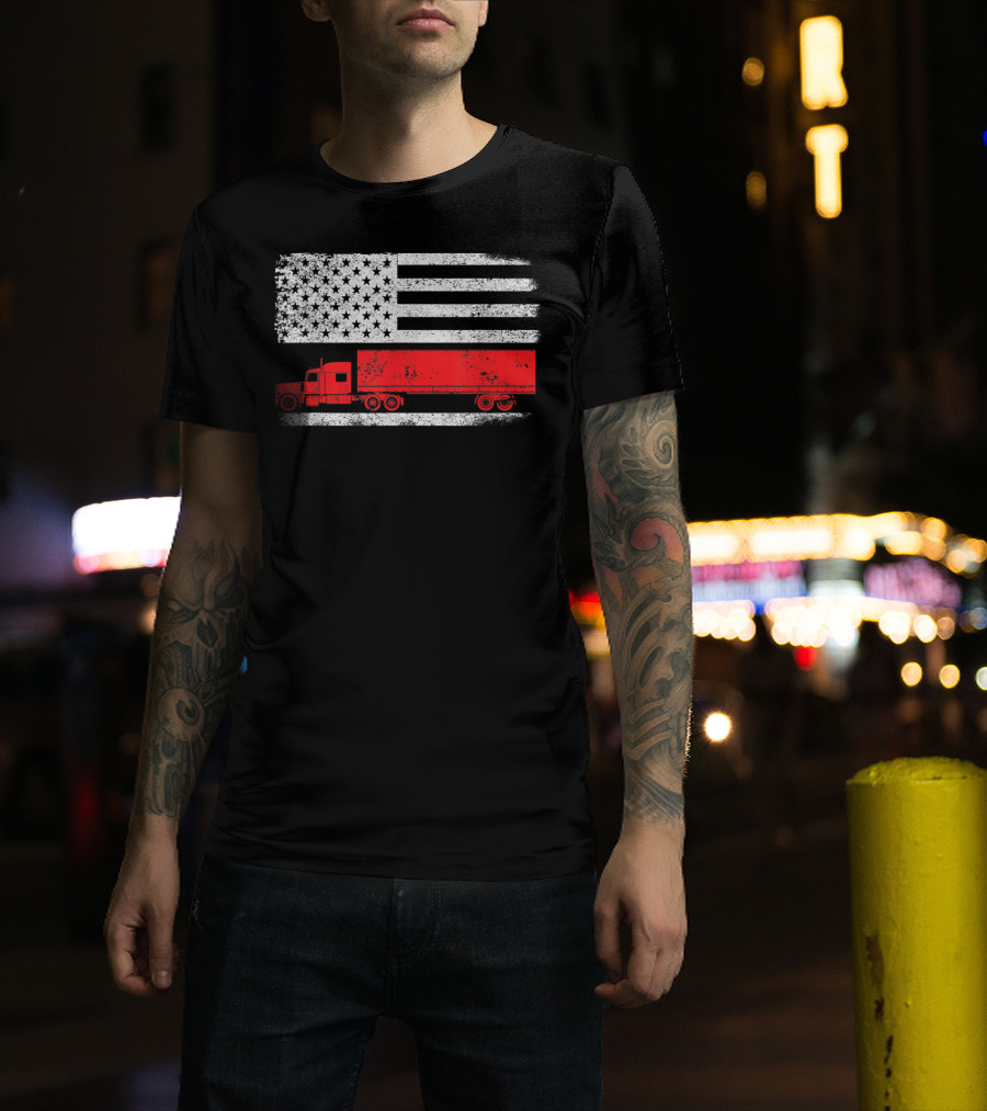 USA Flag American Trucker Red Semi Truck T-Shirt