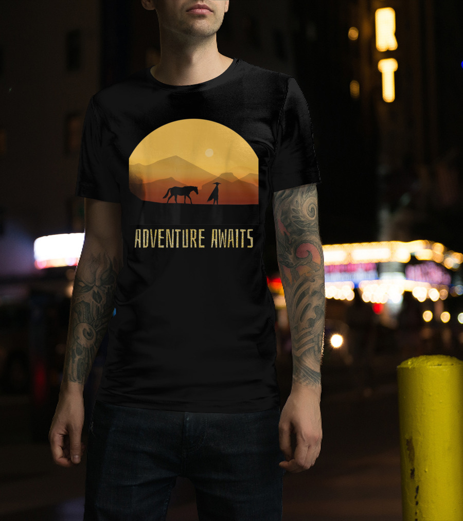 Adventure Awaits Sunset Man Horse Mountains T-Shirt