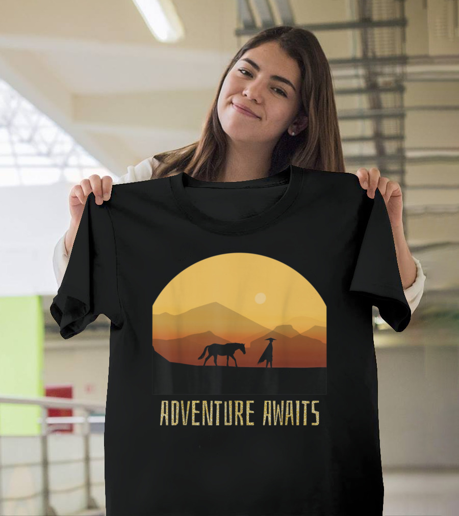 Adventure Awaits Sunset Man Horse Mountains T-Shirt