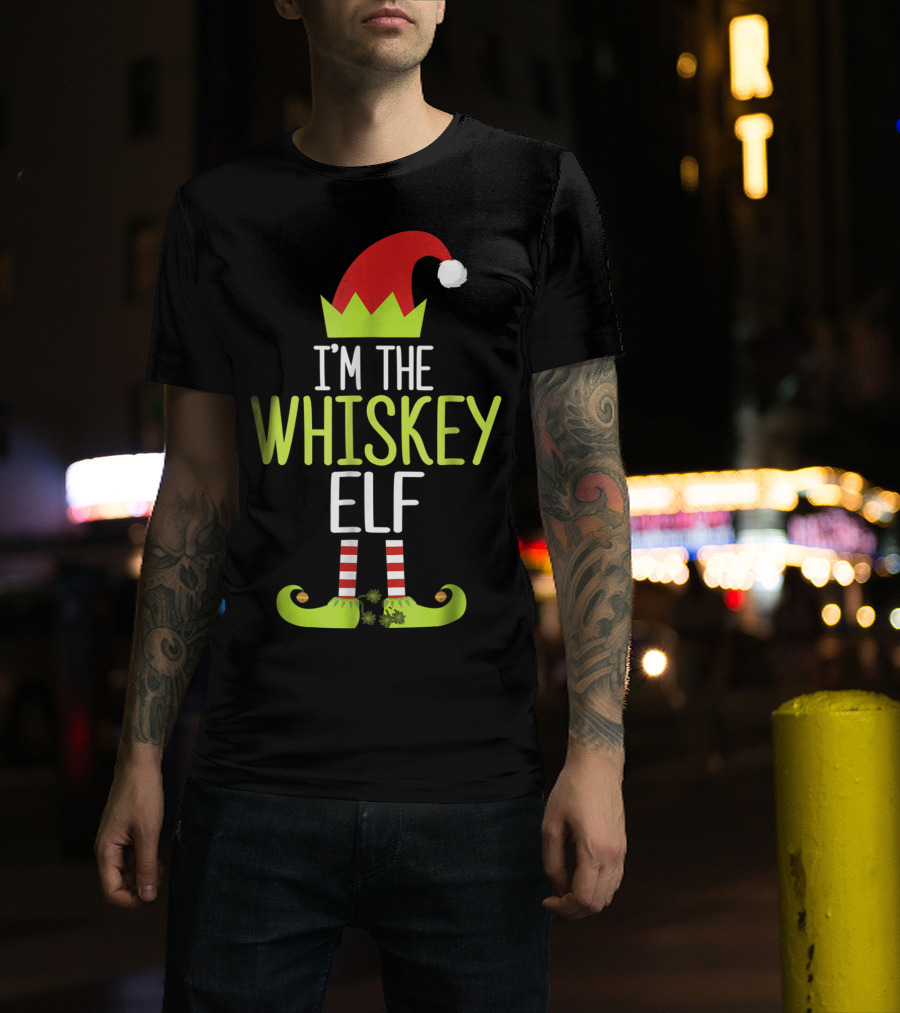 I'm The Whiskey Elf Christmas Family Elf Hat And Striped Shoes T-Shirt