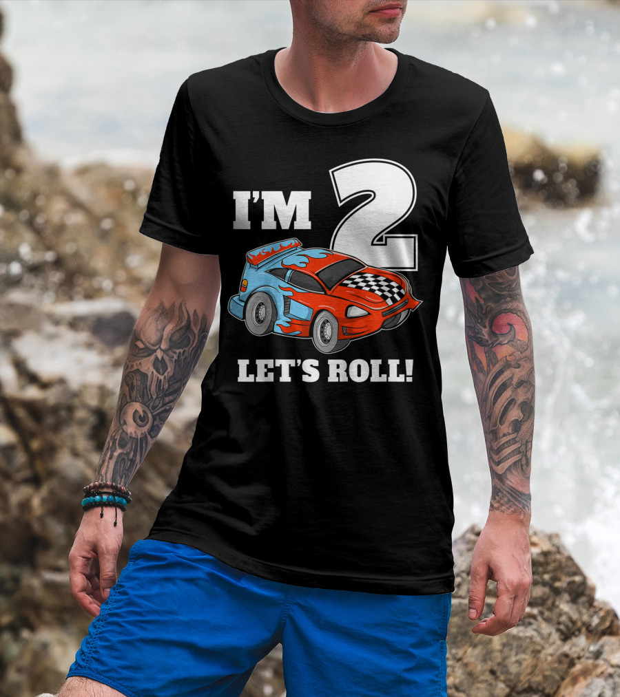 I'm 2 Let's Roll Race Car Kids 2nd Birthday Boy T-Shirt