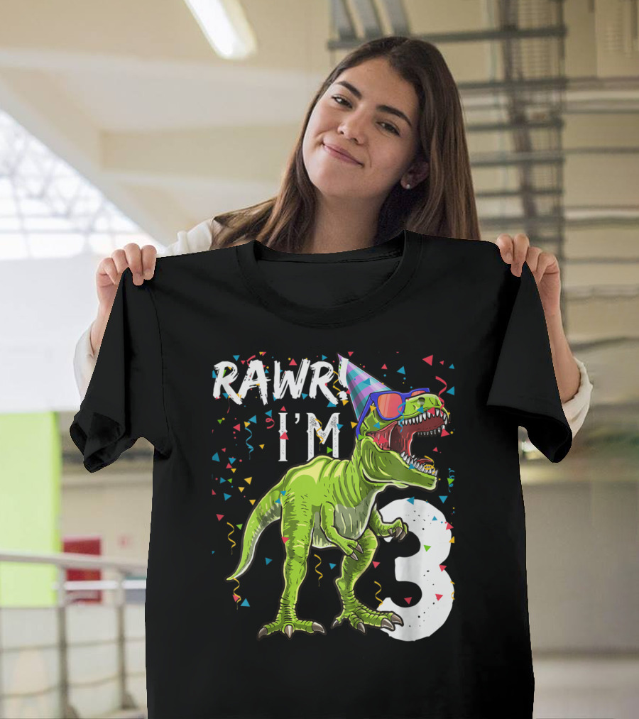 Rawr I'm 3 Dinosaur Birthday Party Hat Confetti T-Shirt