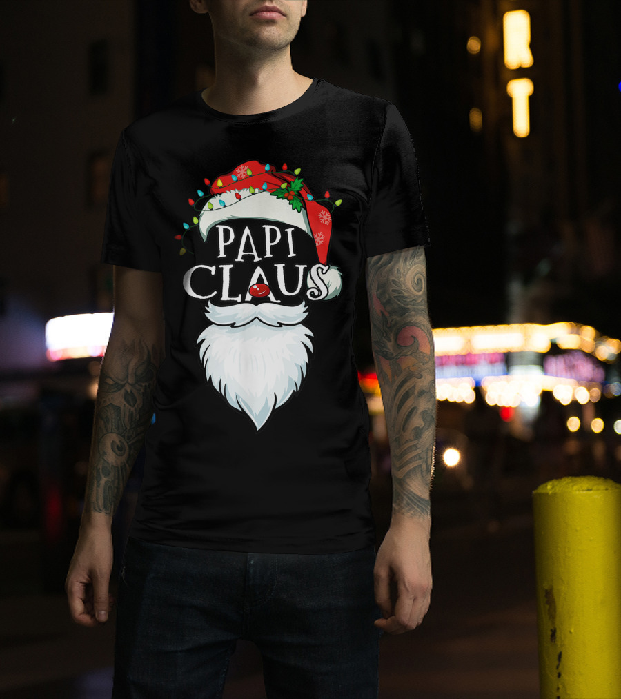 Mens Papi Claus Santa Hat Xmas Costume Family Beard Lights T-Shirt