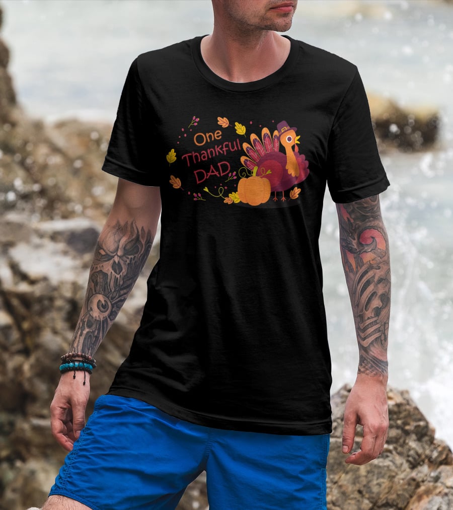 One Thankful Dad Turkey With Pumpkin And Autumn Leaves T-Shirt