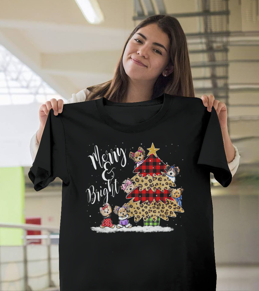 Merry Bright Plaid Leopard Christmas Tree Shih Tzu T-Shirt