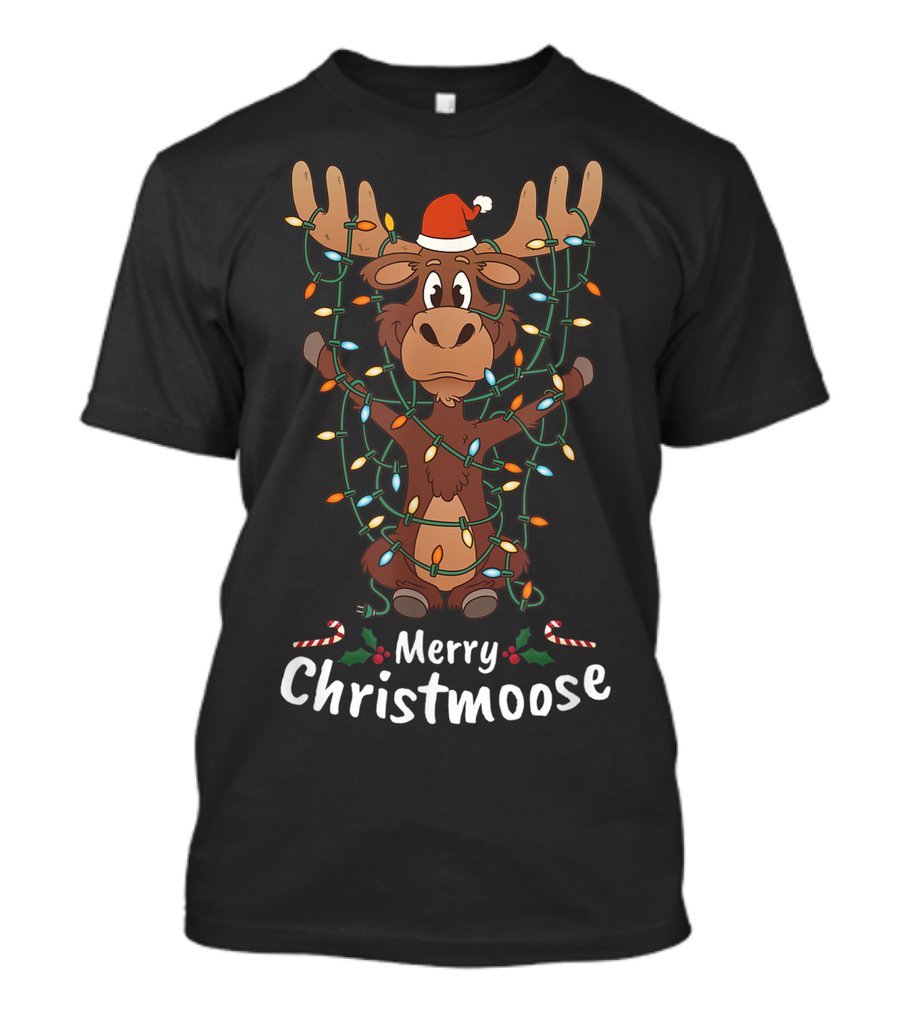 Merry Christmoose Christmas Moose Xmas Tree Lights Santa Hat T-Shirt