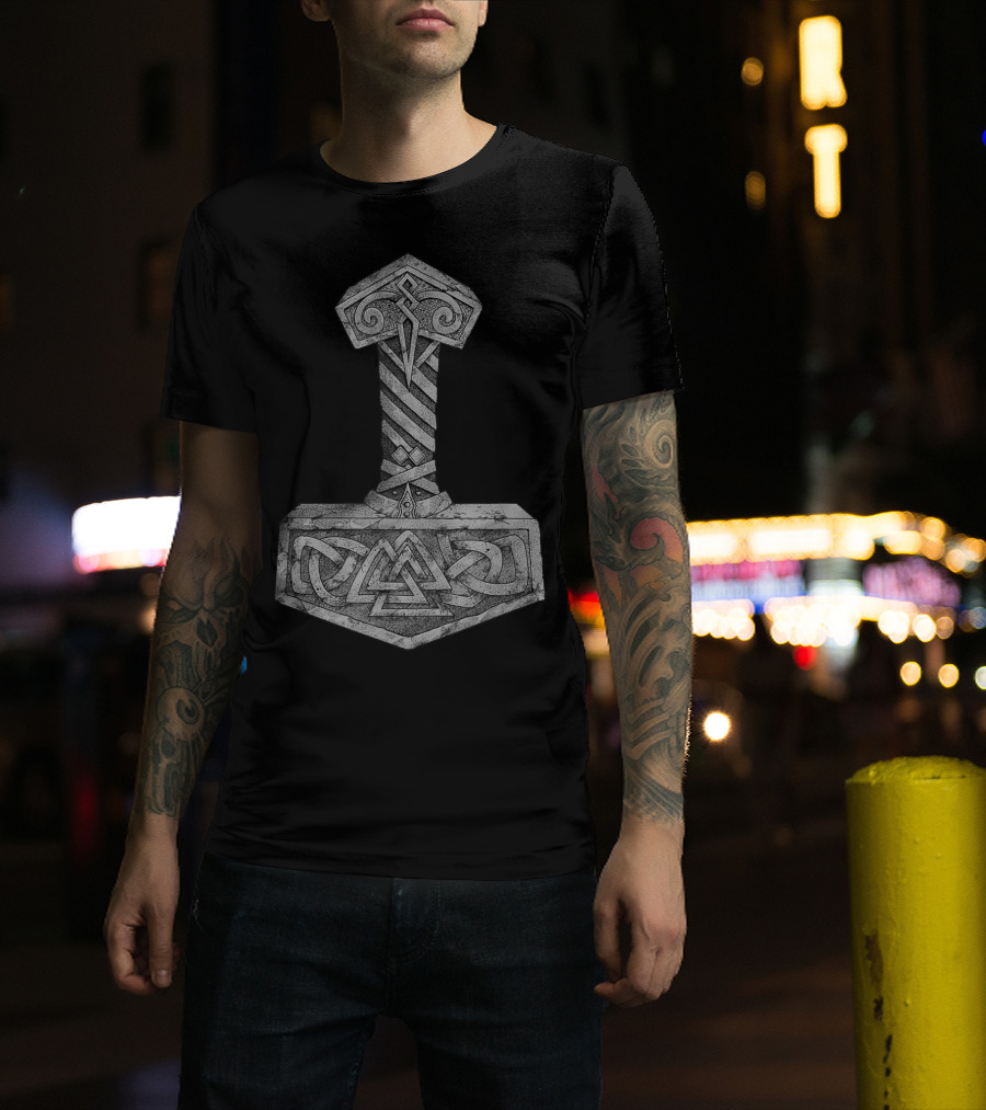 Mjolnir Thor's Hammer With Valknut Symbol Norse Mythology Viking T-Shirt