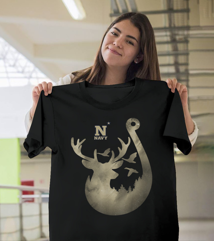 Navy Midshipmen Deer Galaxy Hook with Birds and Starry Sky T-Shirt