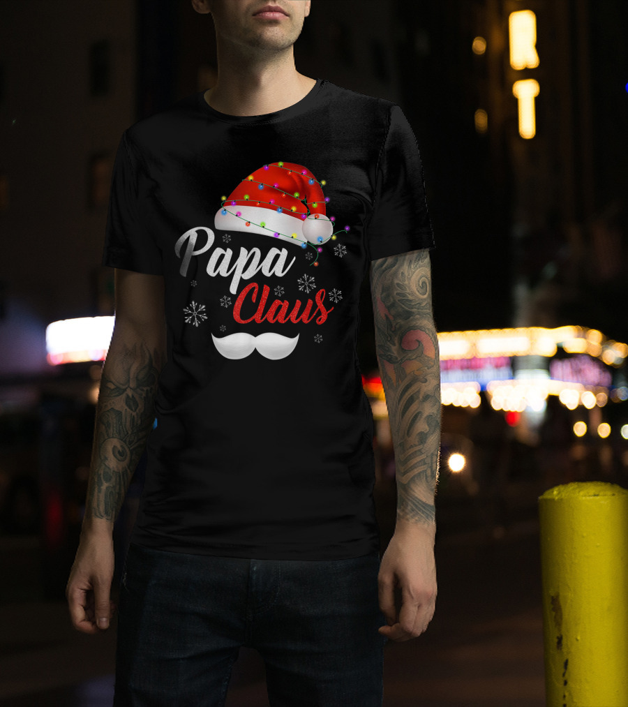 Papa Claus Santa Hat With Lights And Snowflakes T-Shirt