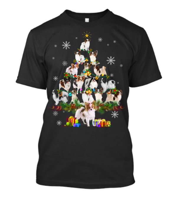 Papillon Dog Christmas Tree Lights With Snowflakes And Presents T-Shirt
