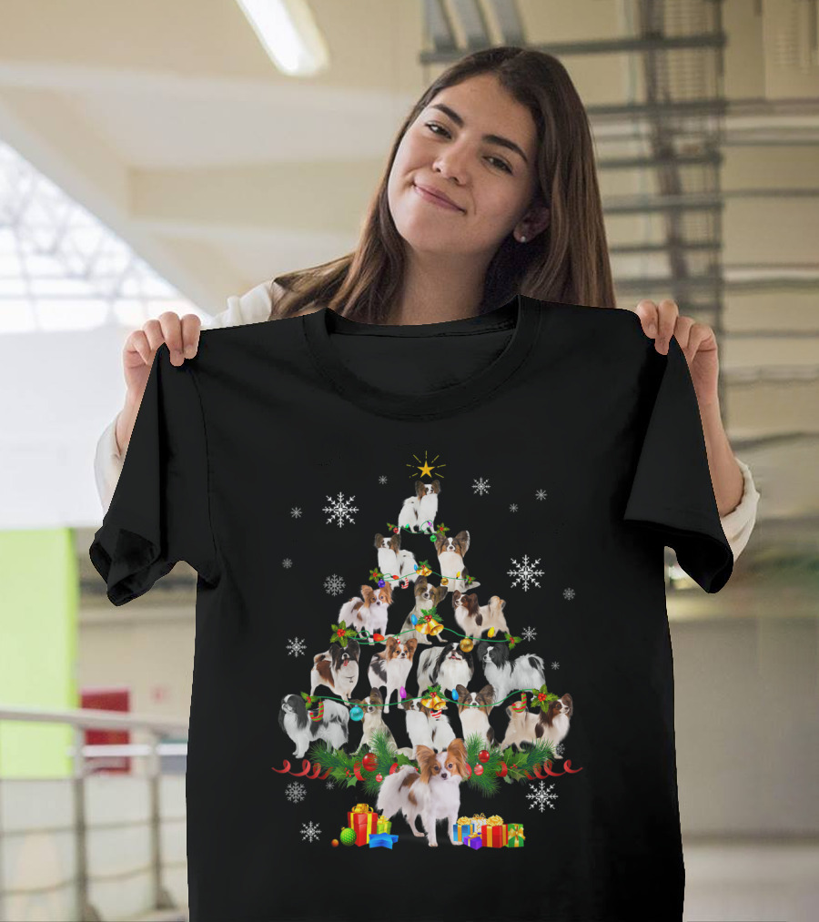 Papillon Dog Christmas Tree Lights with Snowflakes and Presents T-Shirt