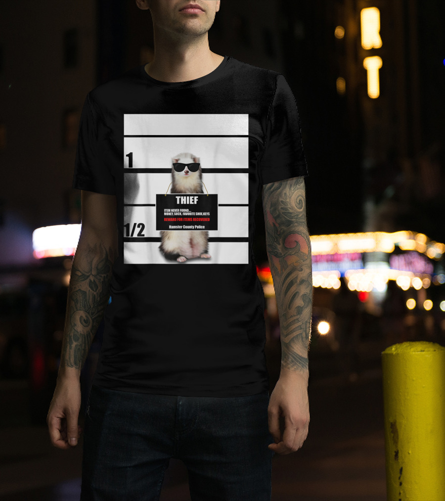 Pet Ferret Thief Mugshot Hamster County Police Funny Ferret Reward For Items Recovered T-Shirt