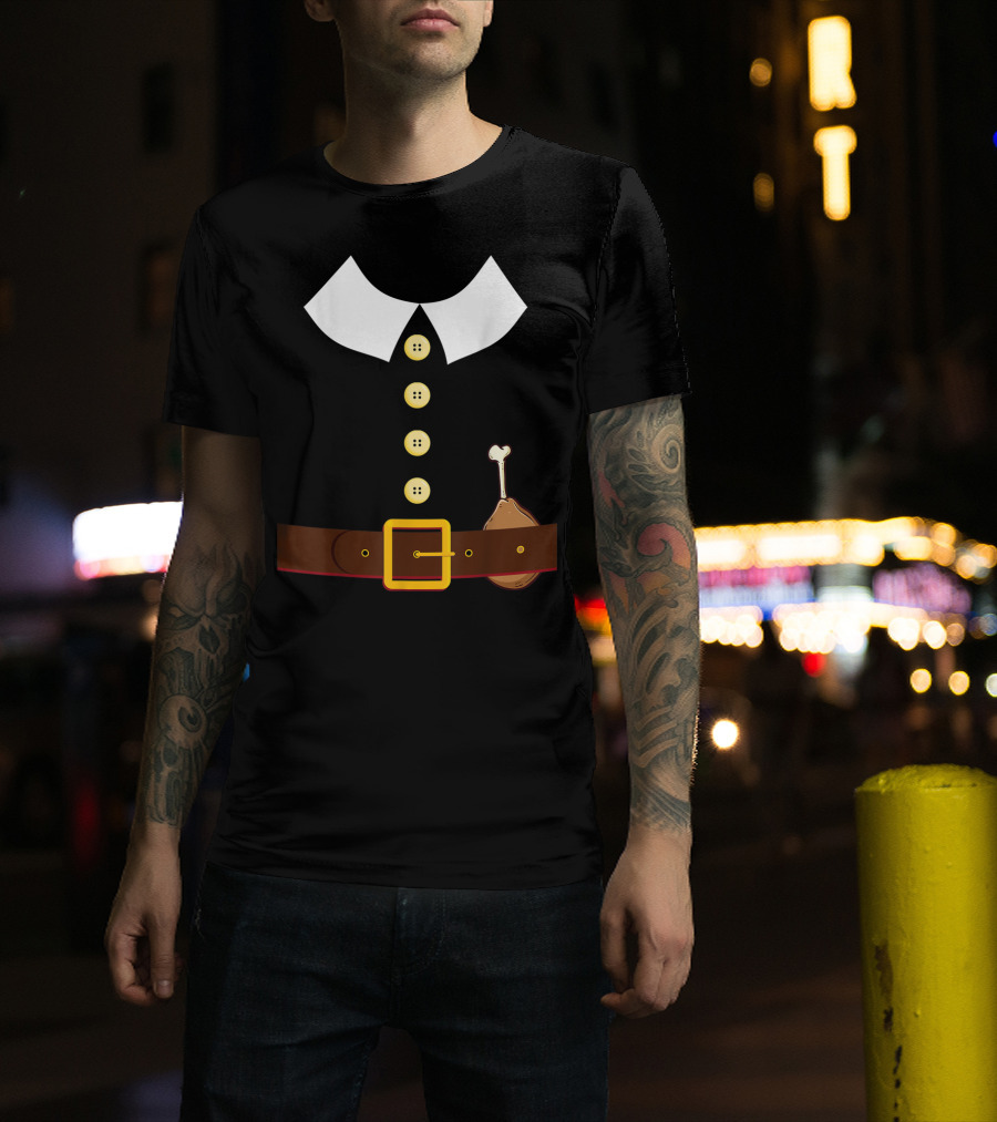 Pilgrim Costume Black Collar Buttons Belt Chicken Leg Colonist T-Shirt