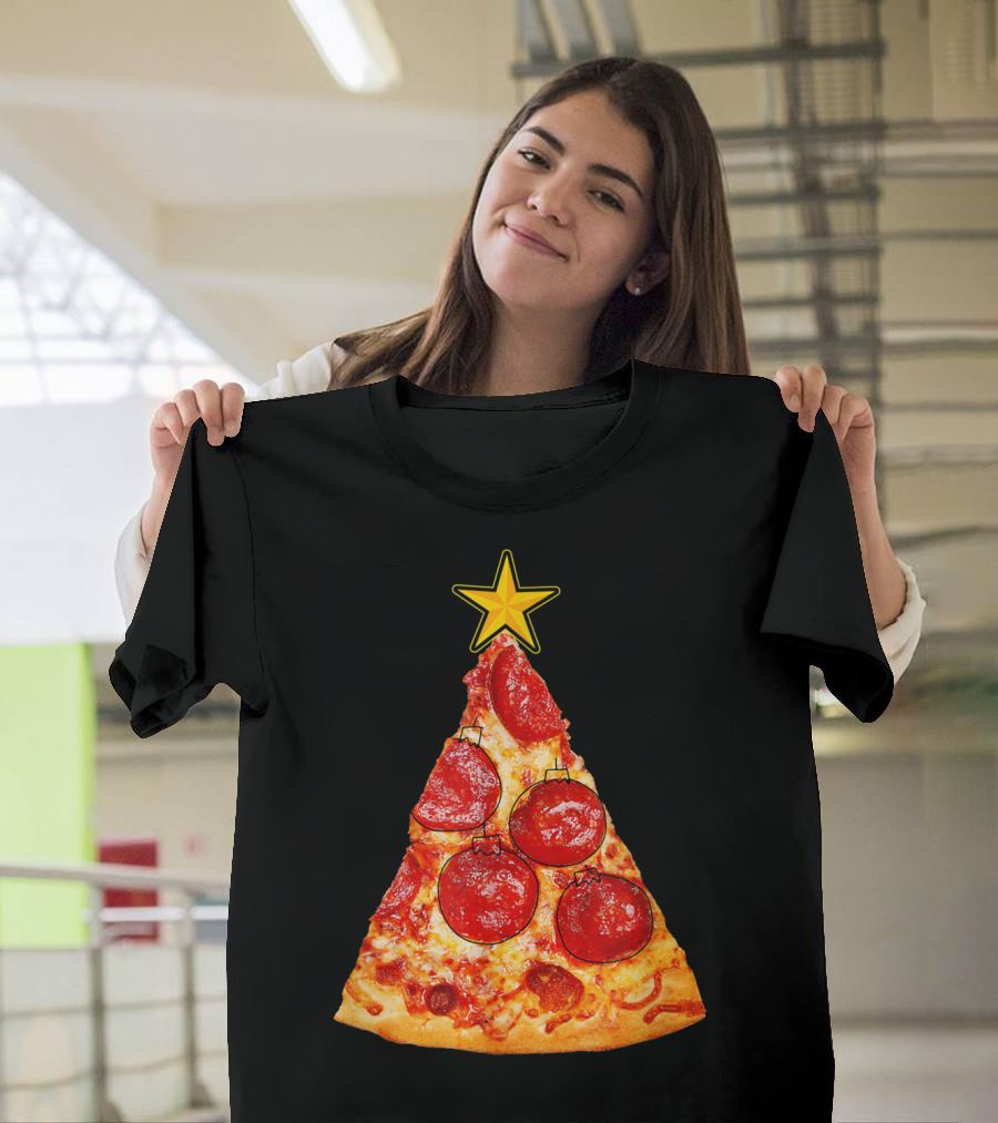 Pizza Slice Christmas Tree with Pepperoni Ornaments and Star Topper T-Shirt