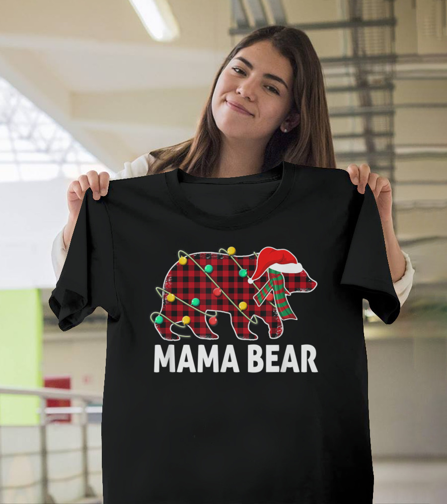 Mama Bear Plaid Santa Hat Christmas Lights T-Shirt