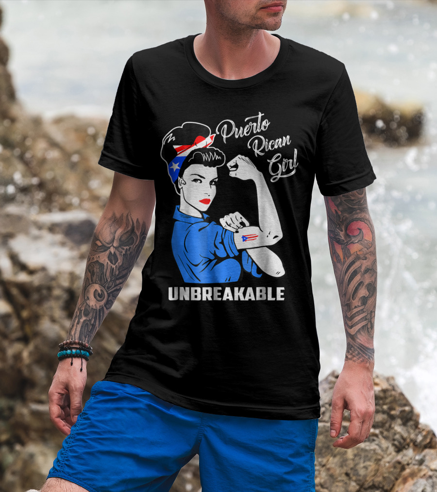 Puerto Rican Girl Unbreakable Rosie The Riveter Flag Tattoo Heritage T-Shirt
