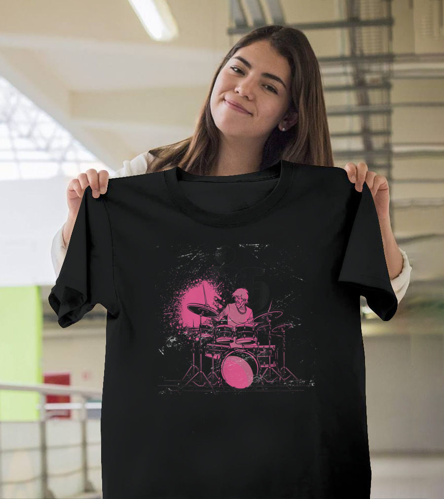 Pink Punk Band Drummer Graphic with Drum Set and Grunge Effect T-Shirt