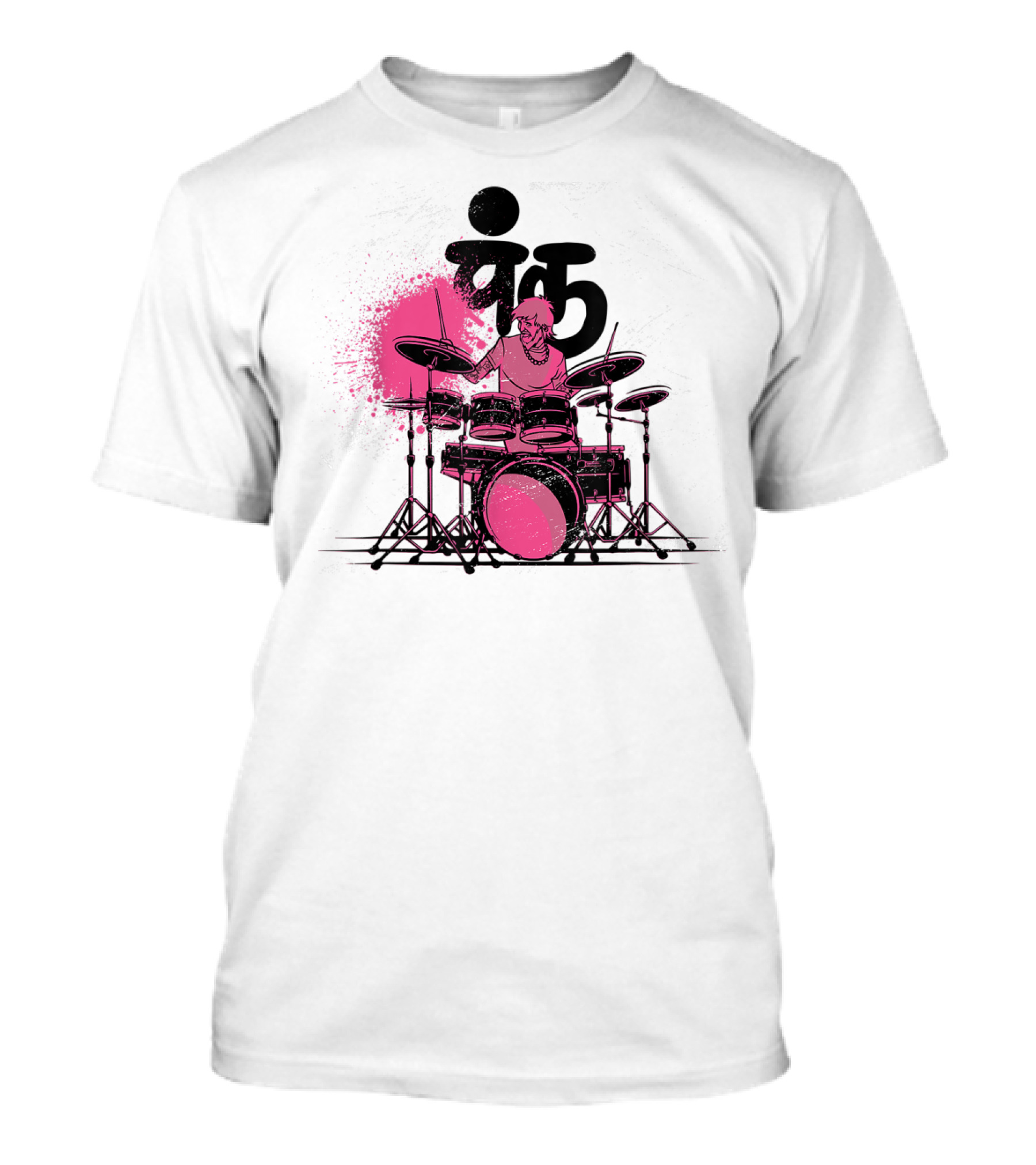Pink Punk Band Drummer Graphic With Drum Set And Grunge Effect T-Shirt