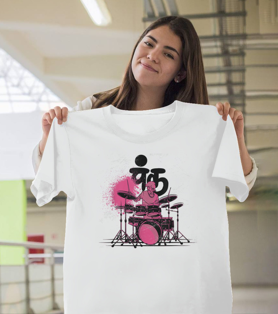 Pink Punk Band Drummer Graphic With Drum Set And Grunge Effect T-Shirt
