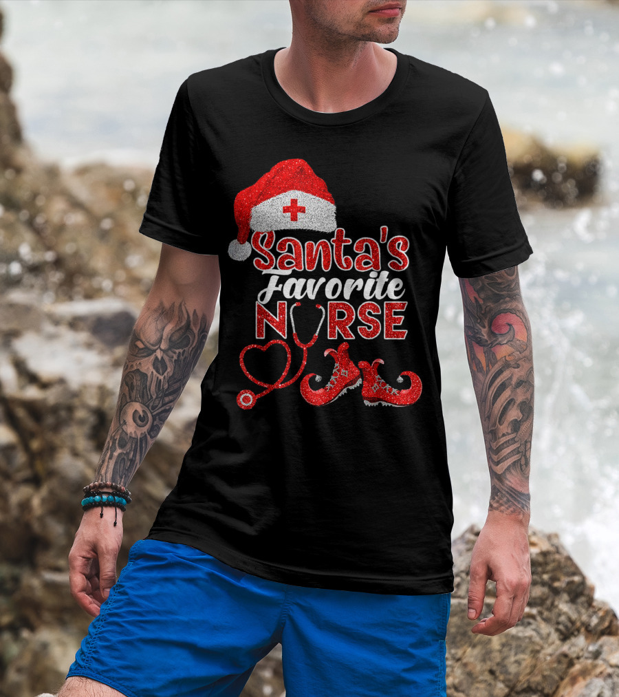 Santa's Favorite Nurse Heart Stethoscope Elf Shoes Merry Xmas Party T-Shirt