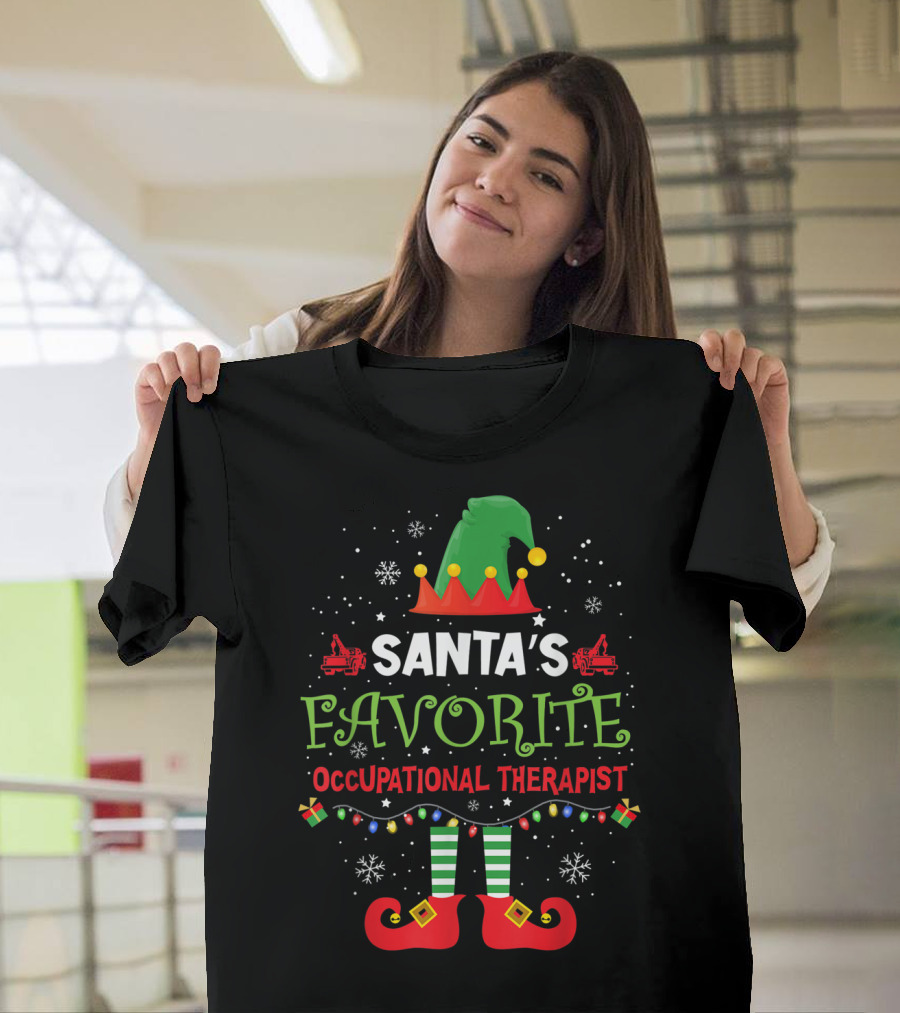 Santa's Favorite Occupational Therapist Merry Christmas Elf Hat Lights Snowflakes T-Shirt
