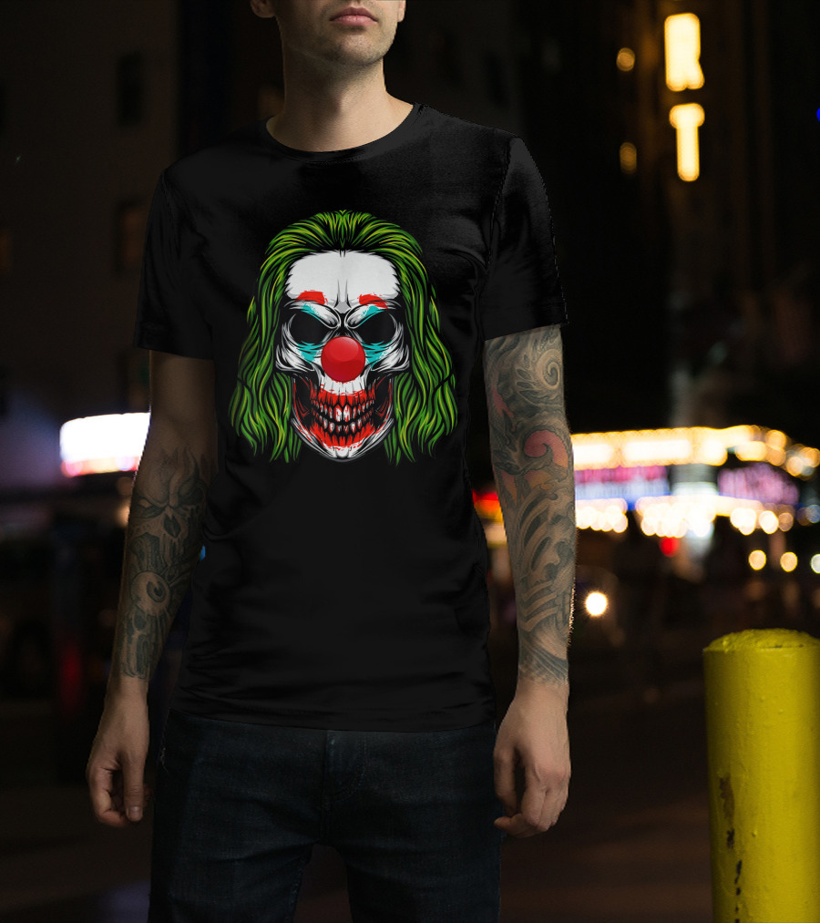 Scary Clown Skull Horror With Green Hair And Red Nose T-Shirt