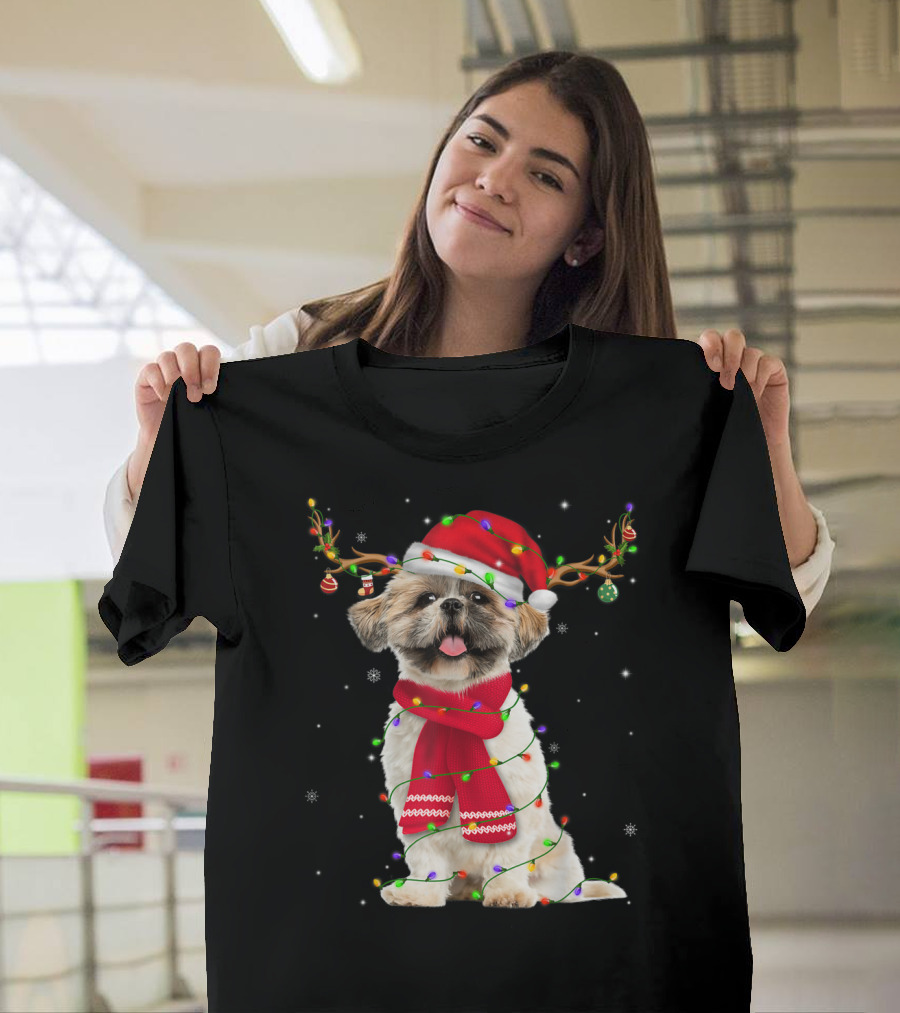 Shih Tzu Christmas Reindeer Antlers Red Scarf Santa Hat Festive Lights T-Shirt