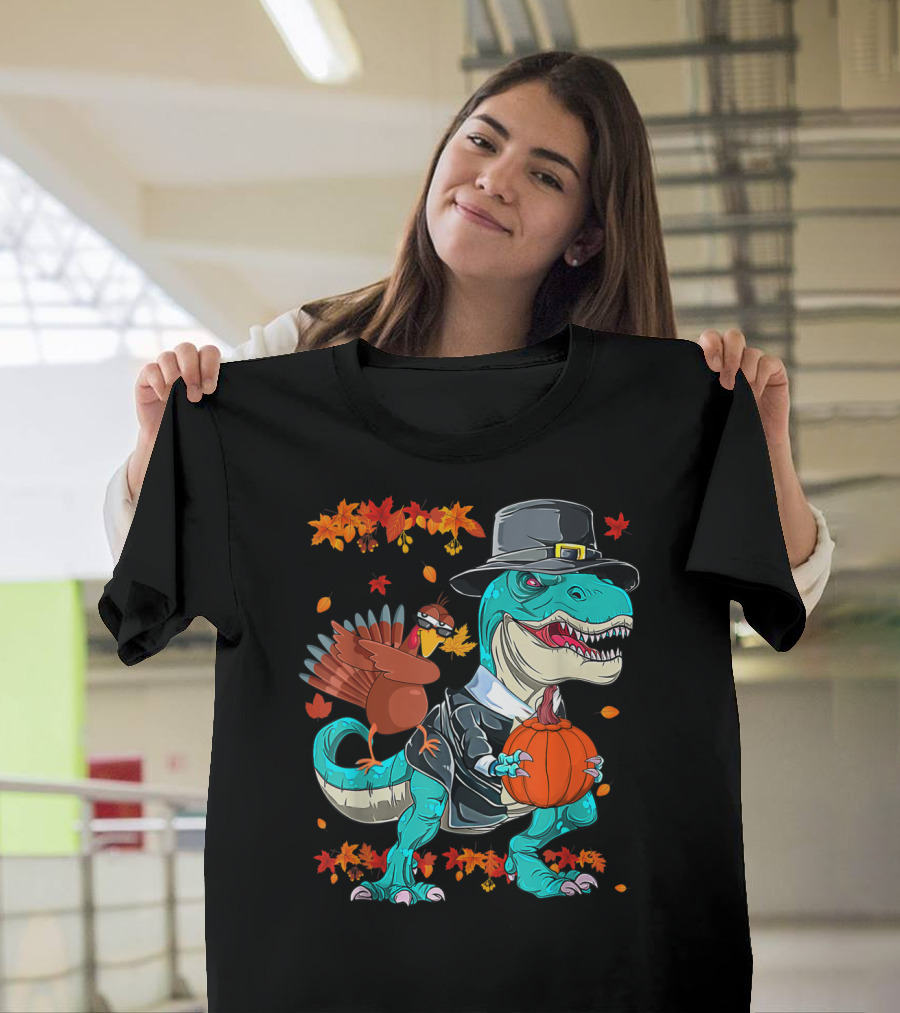 Thanksgiving Pilgrim T-Rex Dinosaur Dabbing Turkey With Pumpkin And Autumn Leaves T-Shirt
