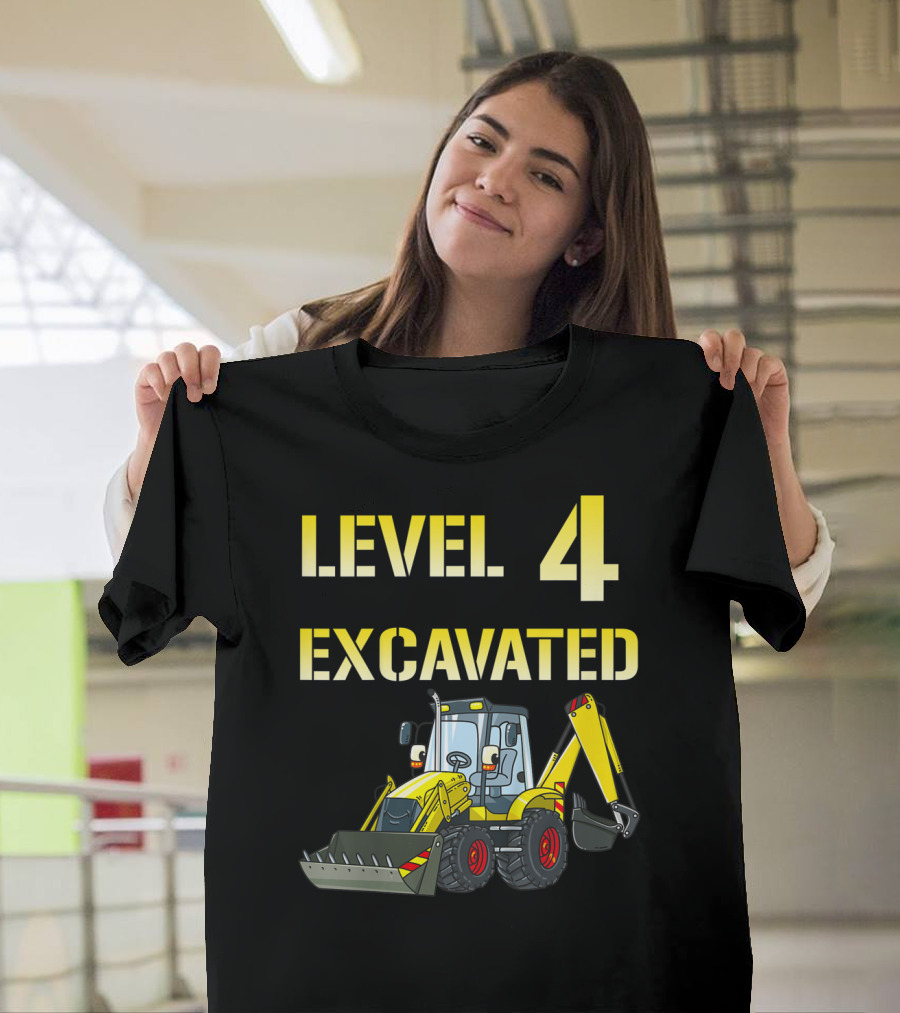 Level 4 Excavated Kids Excavator Birthday 4 Year Old Bday Boy T-Shirt
