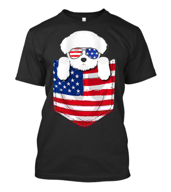 Maltese Dog Peeking Pocket American Flag Sunglasses T-Shirt