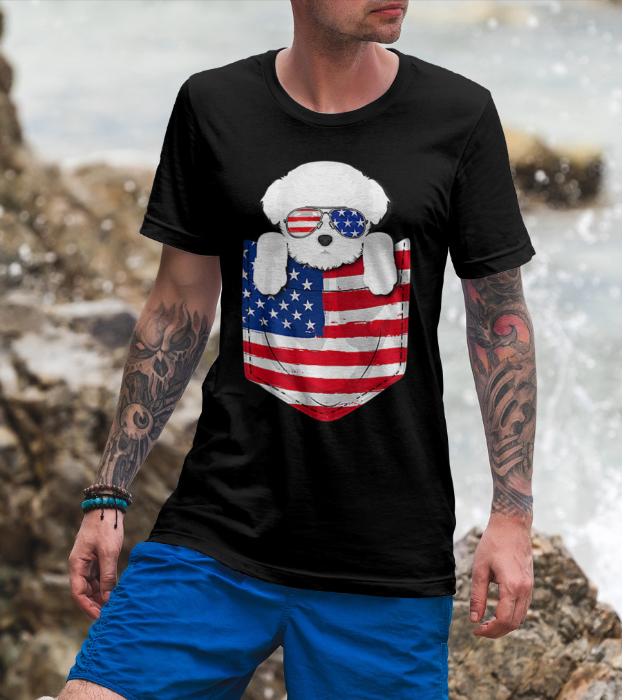 Maltese Dog Peeking Pocket American Flag Sunglasses T-Shirt