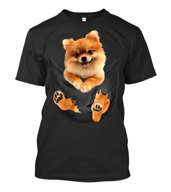 Pomeranian Pup In Faux Pocket With Paws Peeking Out T-Shirt