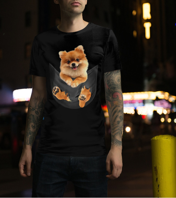 Pomeranian Pup In Faux Pocket With Paws Peeking Out T-Shirt