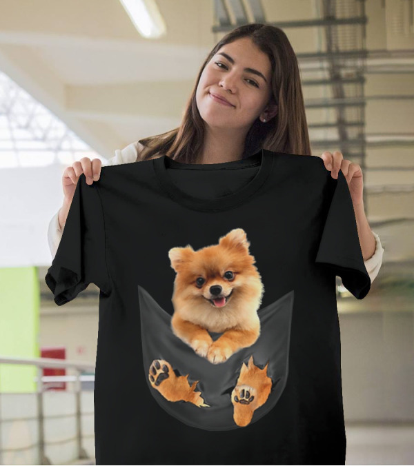 Pomeranian Pup In Faux Pocket With Paws Peeking Out T-Shirt
