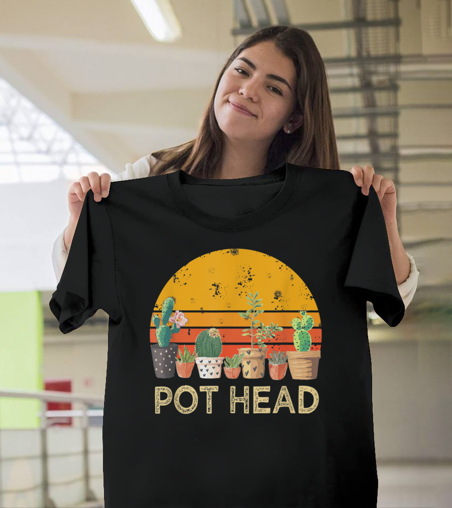 Pot Head Stone Flowers Cactus Vintage Sunset T-Shirt