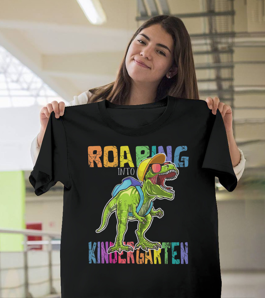 Roaring Into Kindergarten Dinosaur Rex with Backpack and Sunglasses T-Shirt