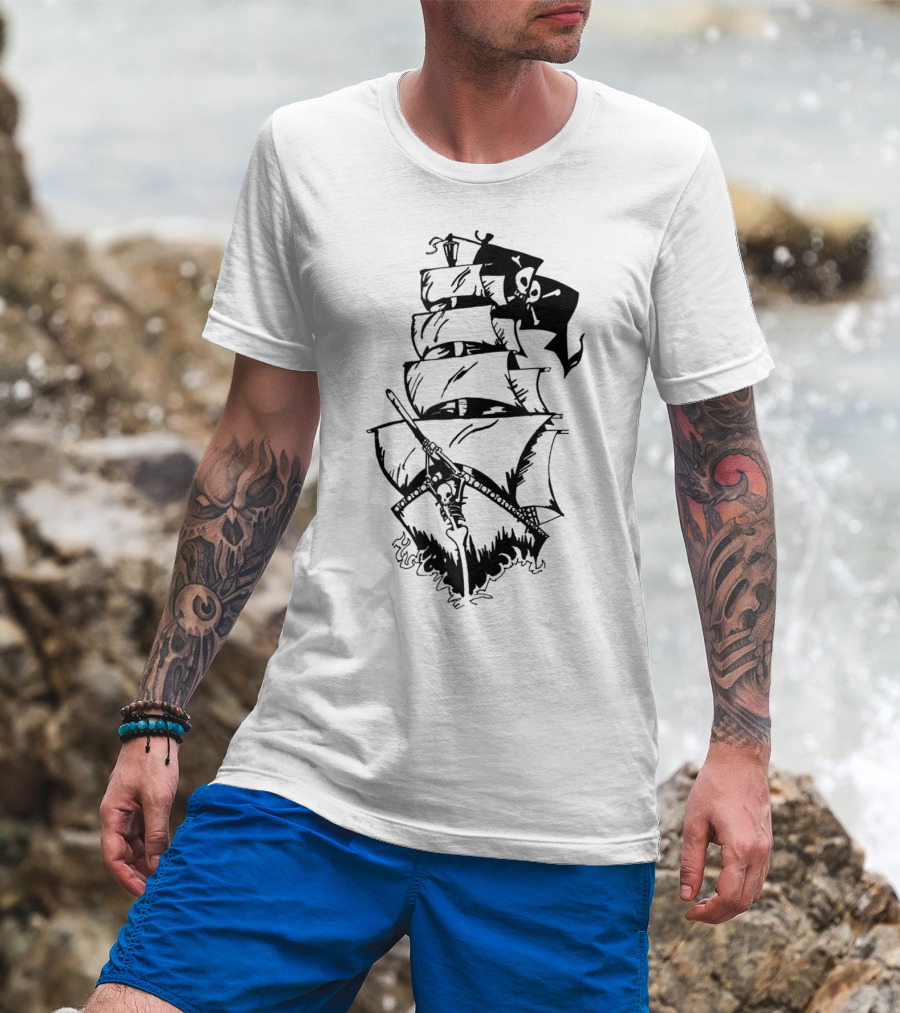 Pirate Ship With Jolly Roger Flag And Skeleton Captain T-Shirt