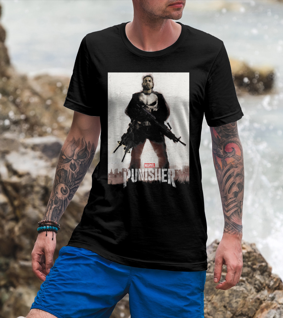 Marvel The Punisher Frank Castle One Man Army Standing With Weapons And Skull Emblem T-Shirt