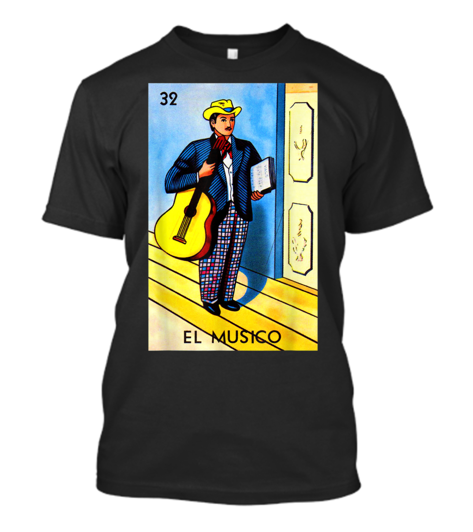 32 El Musico Mexican Loteria Card With Guitar And Sheet Music T-Shirt
