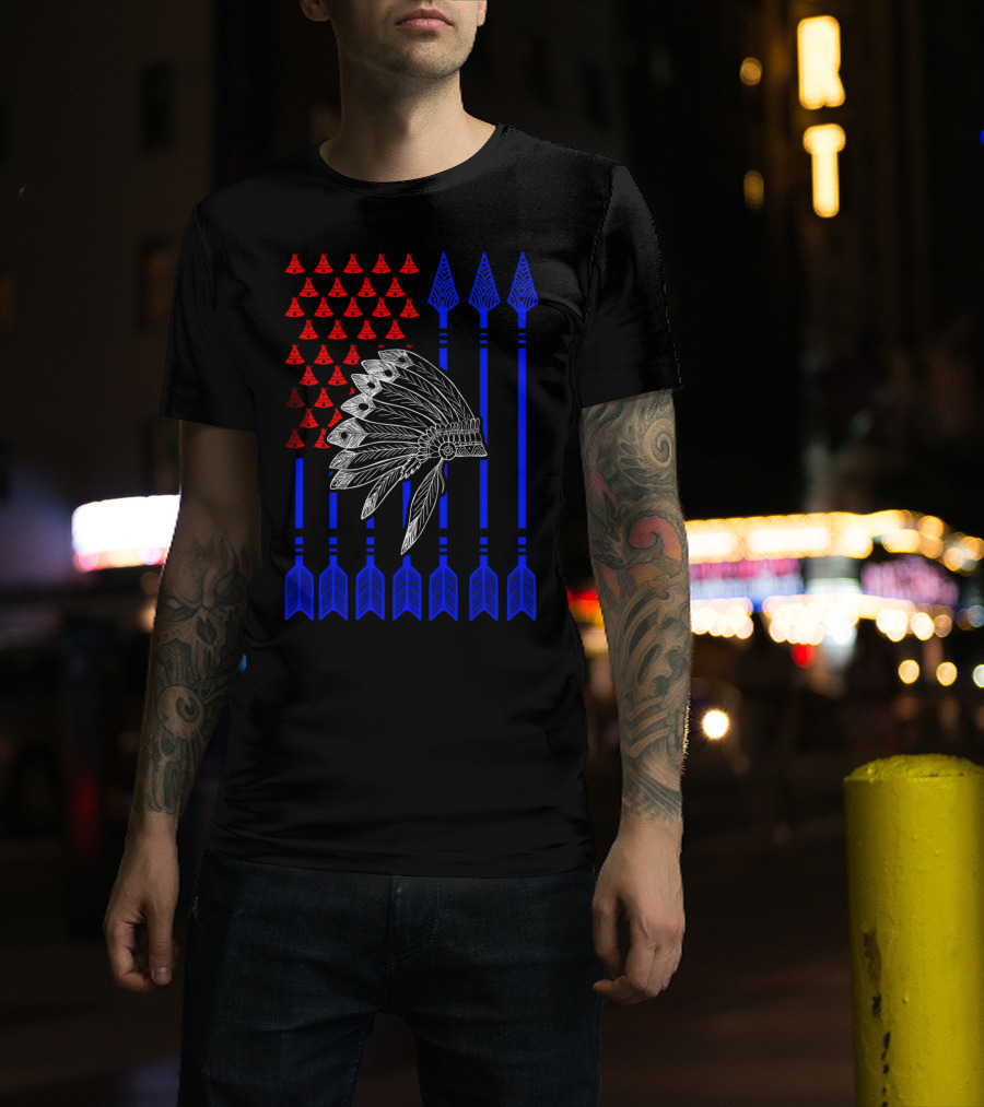 Native American Day Headdress Red Teepees Blue Arrows Flag T-Shirt
